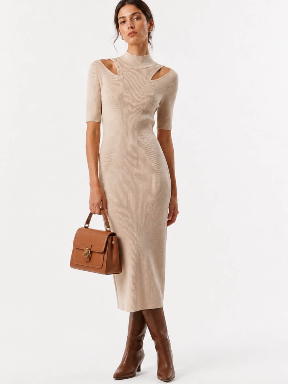 IRO Priscilla Cream Ribbed Cutout Midi Dress Size S NWT